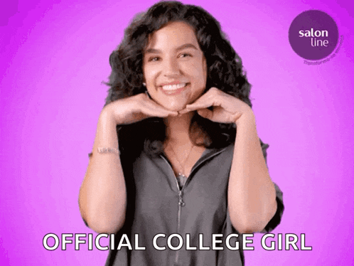 a woman with curly hair says " official college girl " in front of a purple background