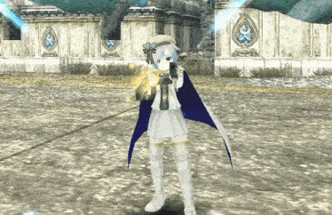 a girl with white hair and a blue cape is holding a sword