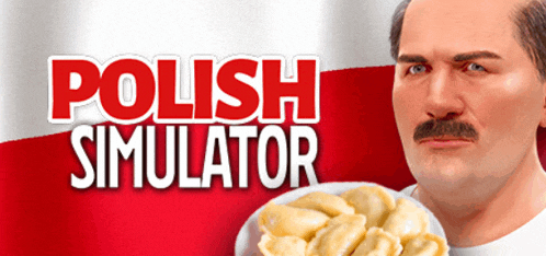 a man with a mustache is holding a plate of food with polish simulator written on the bottom