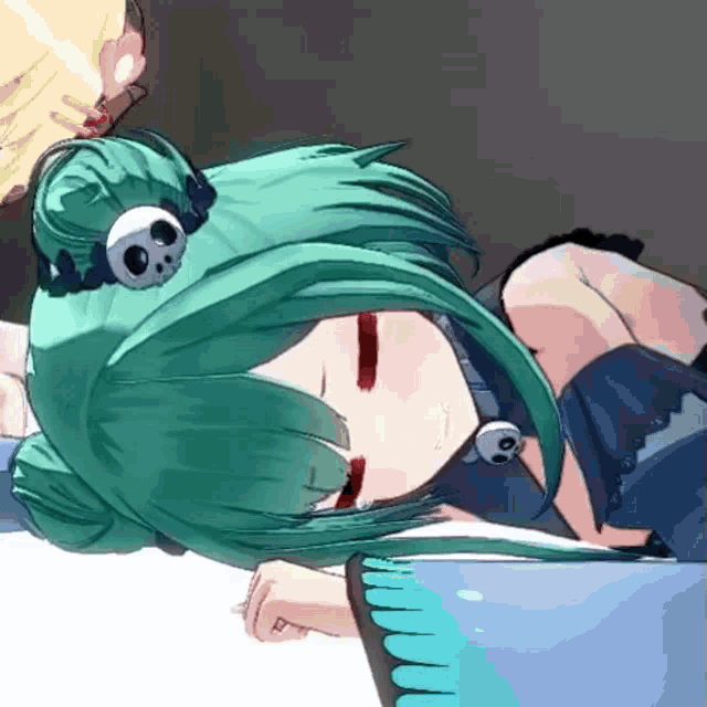 a 3d anime girl with green hair and a skull on her head is laying down on a bed .