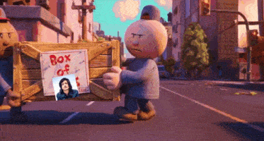 a cartoon character is holding a wooden box that says box of 5