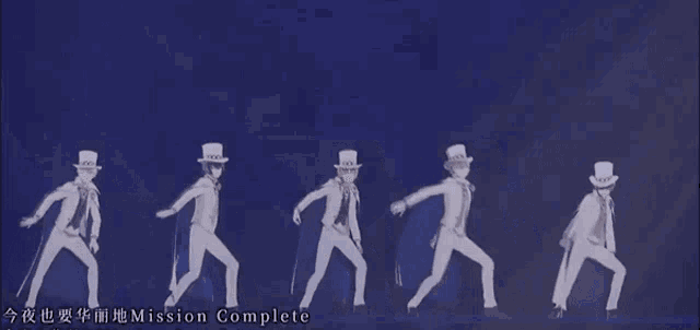 a group of men in top hats are dancing in a line