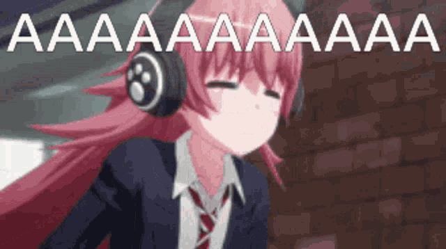 a girl with pink hair wearing headphones says aa aa aa aa