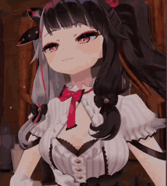 a girl with black hair and red eyes is wearing a white dress and a red bow
