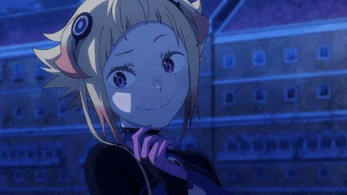 a girl with blonde hair and purple gloves smiles in front of a building
