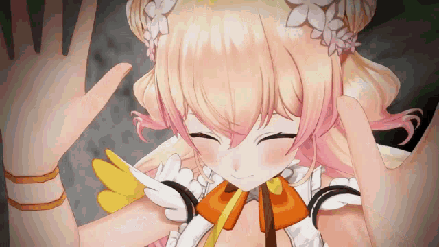 a girl with pink hair and flowers on her head is smiling