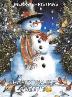 a snowman wearing a top hat and scarf is surrounded by birds and snow .