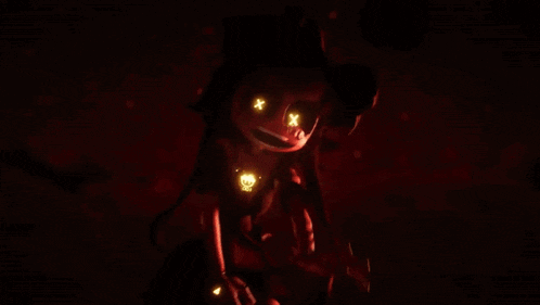a cartoon character with glowing eyes and a skull necklace