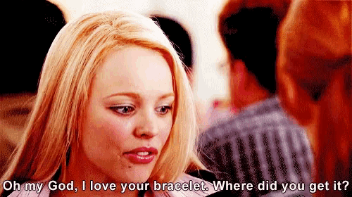 a blonde woman says oh my god i love your bracelet