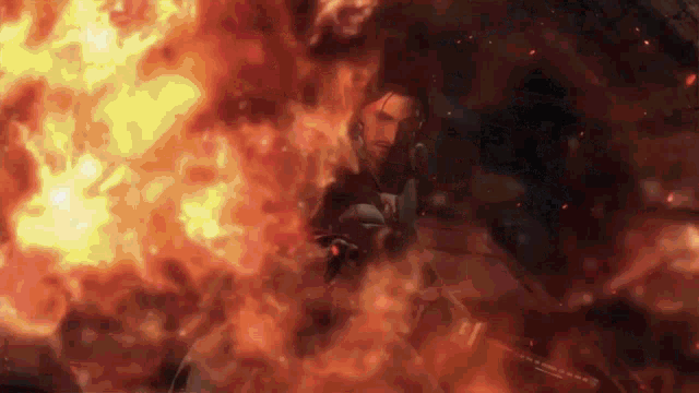 a man is surrounded by flames in a video game