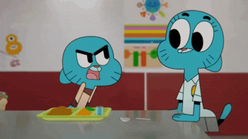 two cartoon characters are sitting at a table with a tray of food