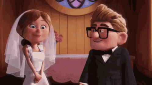 a cartoon bride and groom are standing next to each other in a church and smiling at each other .