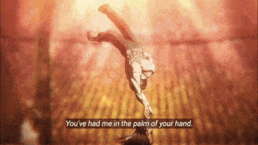 a man is doing a handstand with the words " you 've had me in the palm of your hand " below him