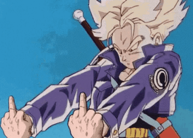 trunks from dragon ball z is giving a middle finger .