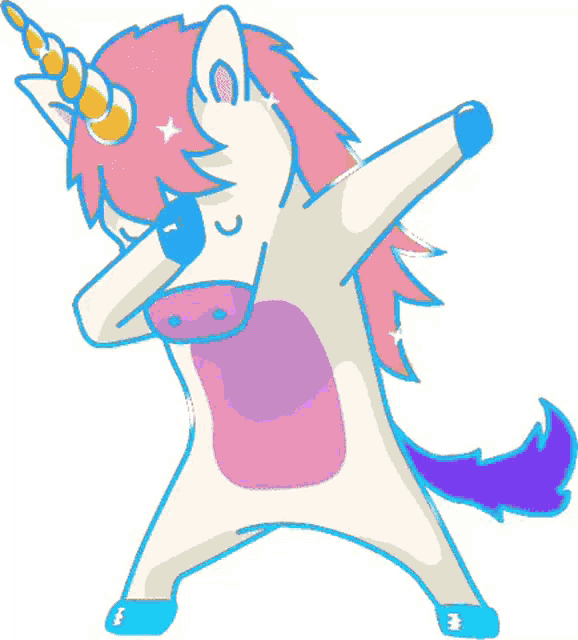 a cartoon unicorn with a purple mane is doing a dab