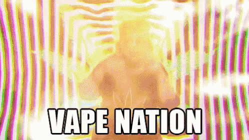 a man is standing in front of a colorful background with the words vape nation written on it .