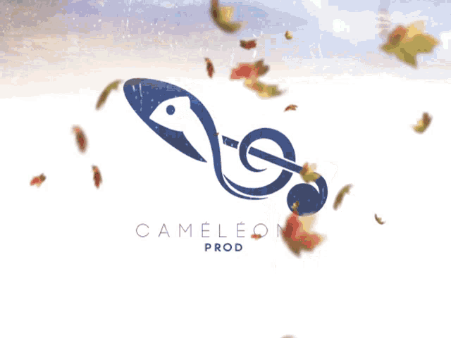 a logo for cameleone prod with leaves falling around it
