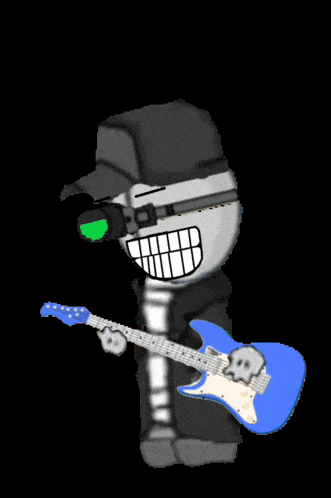a cartoon character is holding a blue guitar with skulls on it