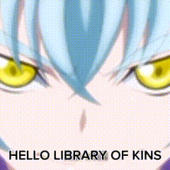 a close up of a person 's face with the words hello library of kins written below it .