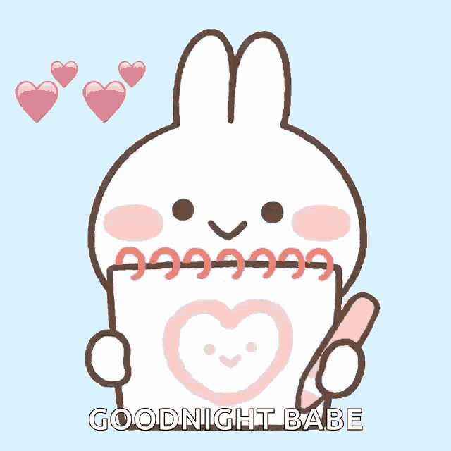 a cartoon bunny holding a piece of paper with a heart on it and the words goodnight babe below it