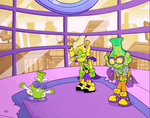 a group of cartoon characters are standing in a room