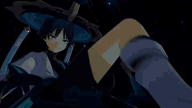 a blue haired anime character is kicking a sword in the air .