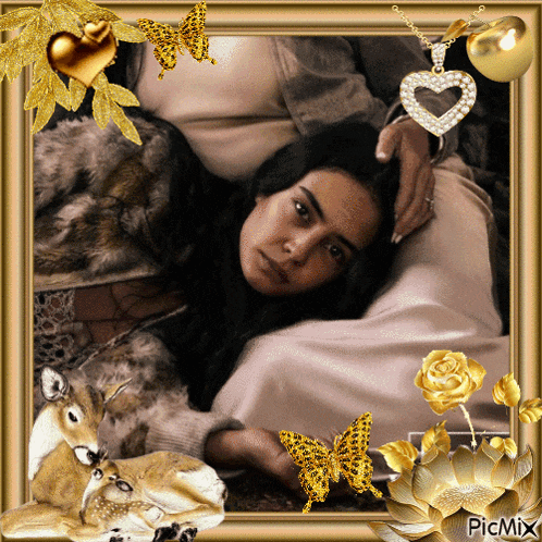 a picture of a woman laying on a couch with a deer and butterflies in a frame with picmix at the bottom