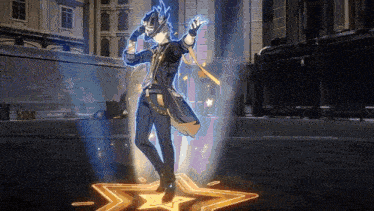 a man in a suit is standing on a star in a video game