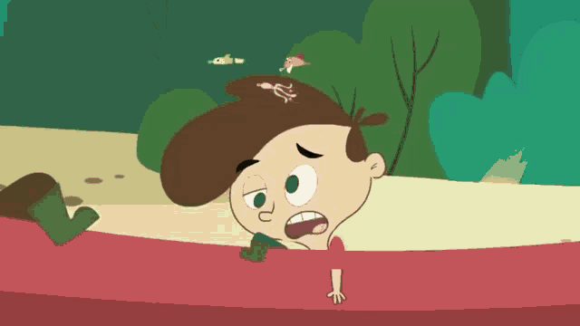 a cartoon character with a surprised look on his face is standing on a red surface