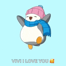 a penguin wearing a hat and scarf is holding up its arm .