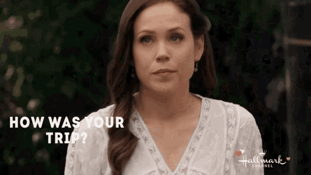 a hallmark channel ad with a woman in a white shirt