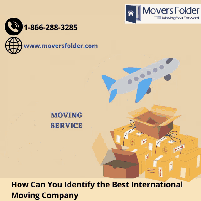 an advertisement for movers folder shows a truck carrying boxes and an airplane flying over the earth