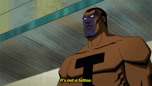 a cartoon character says it 's not a tattoo in yellow letters