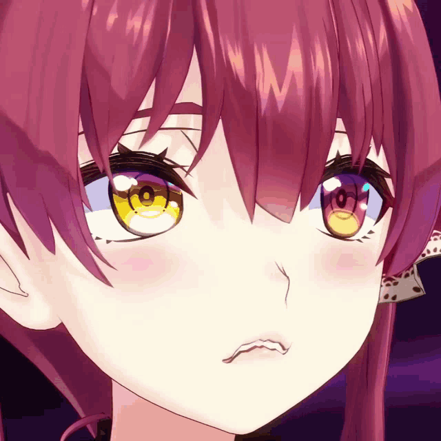 a close up of a anime girl 's face with red hair and yellow eyes
