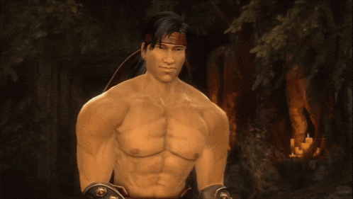 a man without a shirt is standing in front of a tree