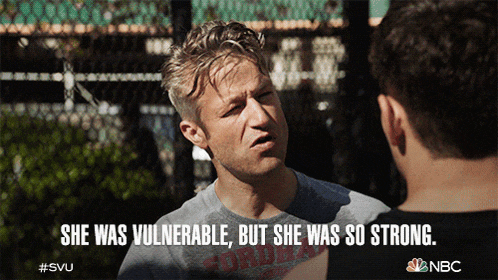a man is talking to another man with the words she was vulnerable but she was so strong