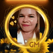 a woman 's face is in a gold frame with gm written on it