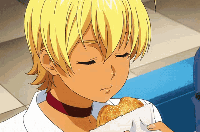 a girl with blonde hair is eating a sandwich