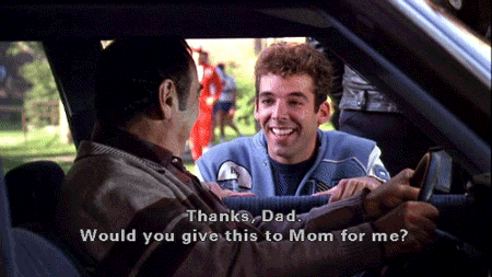 a man in a car talking to another man with the words thanks dad would you give this to mom for me on the bottom