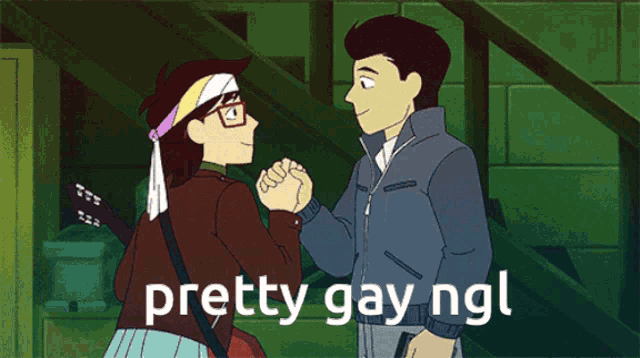 a cartoon of a man holding a guitar and the words pretty gay right below him