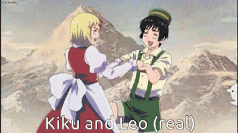 a couple of anime characters dancing with the words kiku and leo real