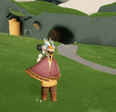 a cartoon character with horns and a cape is standing in a grassy field