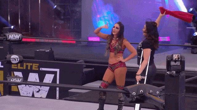 two women in a wrestling ring with a banner that says elite