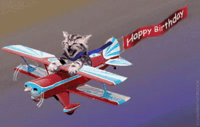 a cat is flying a plane with a banner that says happy birthday
