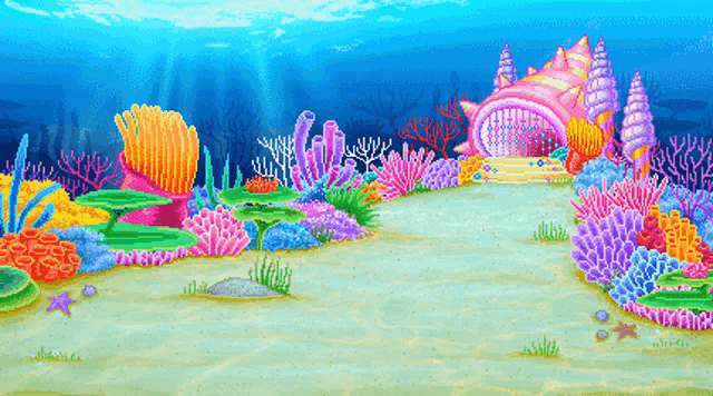 a pixel art illustration of a coral reef with a shell in the background