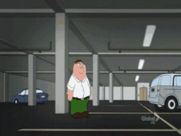 peter griffin from family guy is standing in a parking garage with cars parked behind him