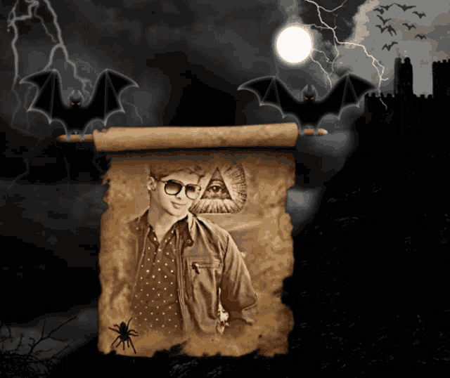 a picture of a man on a scroll with bats and a spider on it