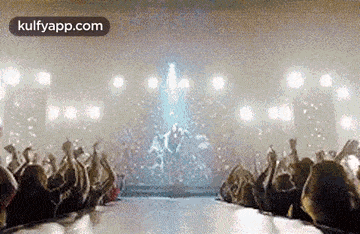 a crowd of people are standing in front of a stage at a concert and cheering .