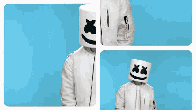 a man wearing a white jacket and a marshmallow head