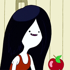 a cartoon girl with long black hair is standing next to a red apple